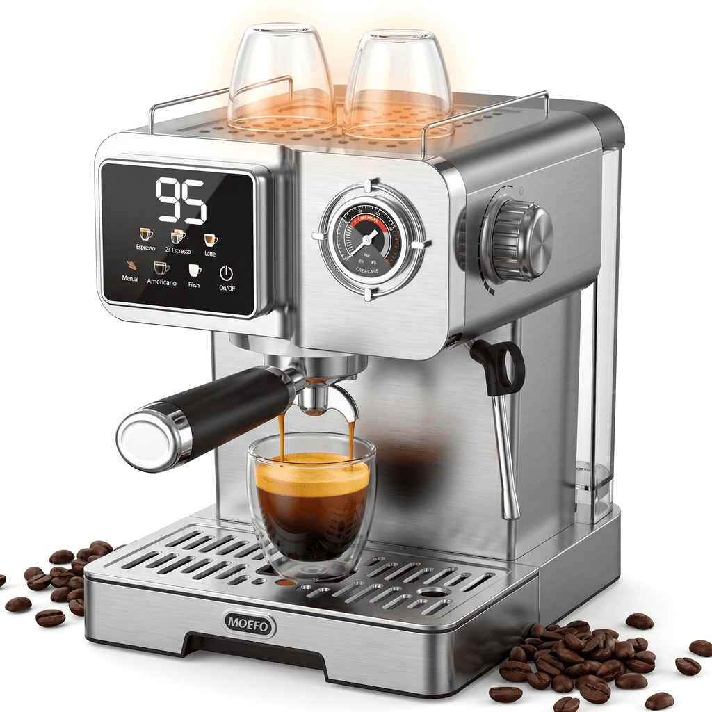 MOEFO 58mm Espresso Machine with Milk Frother, Semi Automatic Coffee Maker with Touchscreen LCD Display & Pressure Gauge, Stainless Steel Espresso Maker for Latte, Cappuccino and Americano, Silver