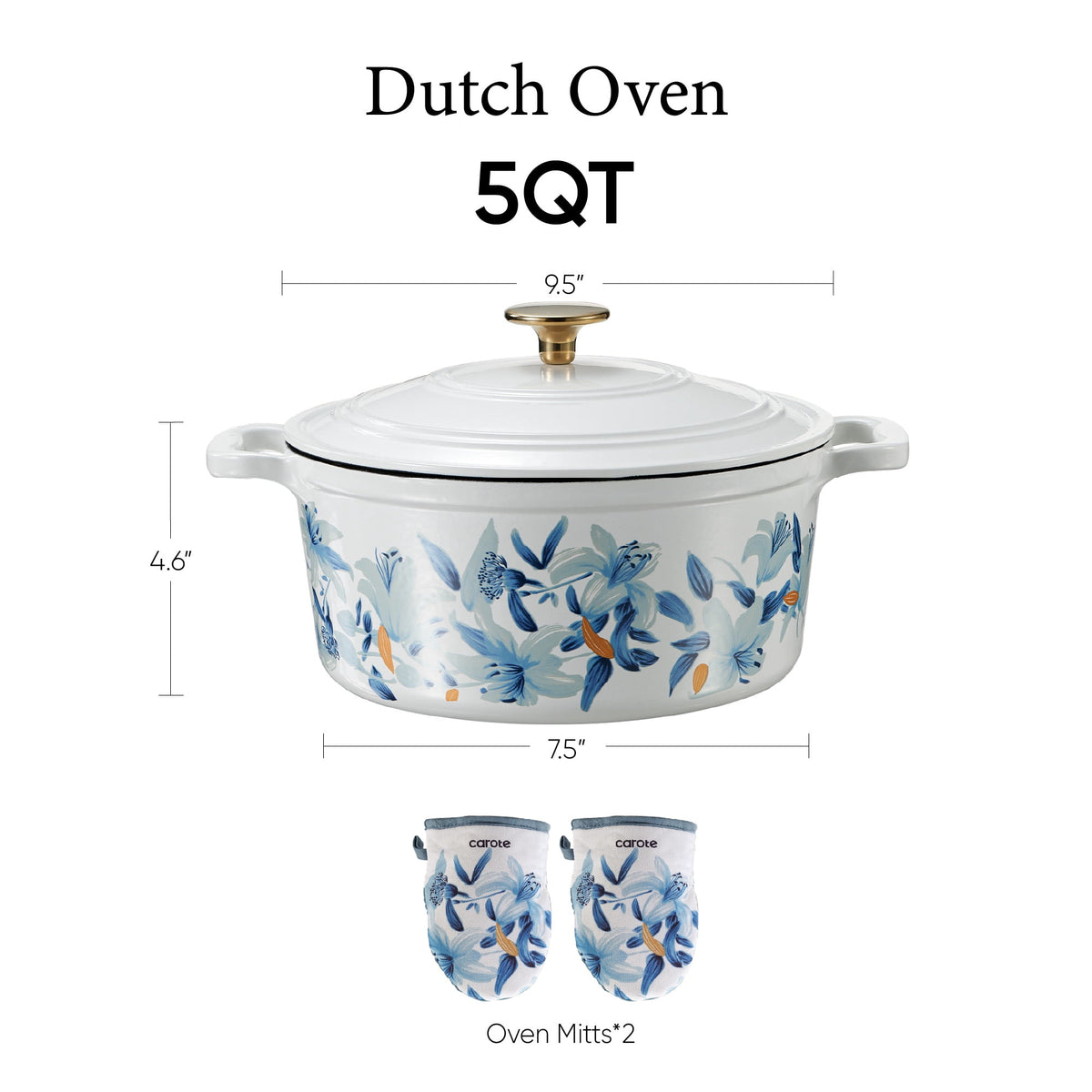 CAROTE 5QT Cast Iron Dutch Oven with Gloves and Pot Pad, Nonstick Cookware for Baking, Roasting, Braising & Cooking, Dual Handles,Blue