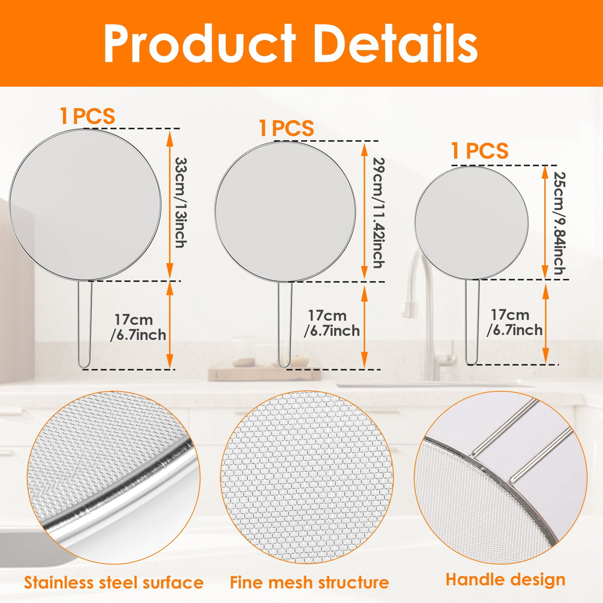 3 Piece Stainless Steel Fine Mesh Splatter Screen Set, 13", 11.4", 9.8" Splatter Screen for Frying Pan, Grease Splatter Guard with Heat-Resistant Handles