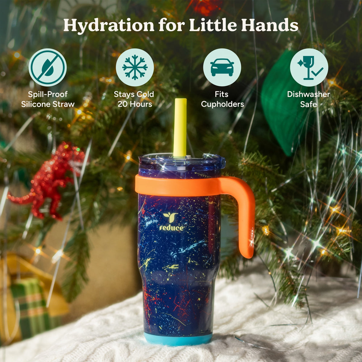 Reduce Coldee Kids Insulated Tumbler with Straw, 18oz Stainless Steel Spill-Proof Cup with Handle, Smiles