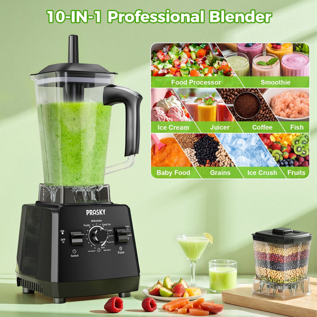 PRASKY Countertop Blender, 2-in-1 Professional Blender, 68oz Capacity 1000W 6 Speeds Blender for Kitchen with 25oz to-go Cup (Black)
