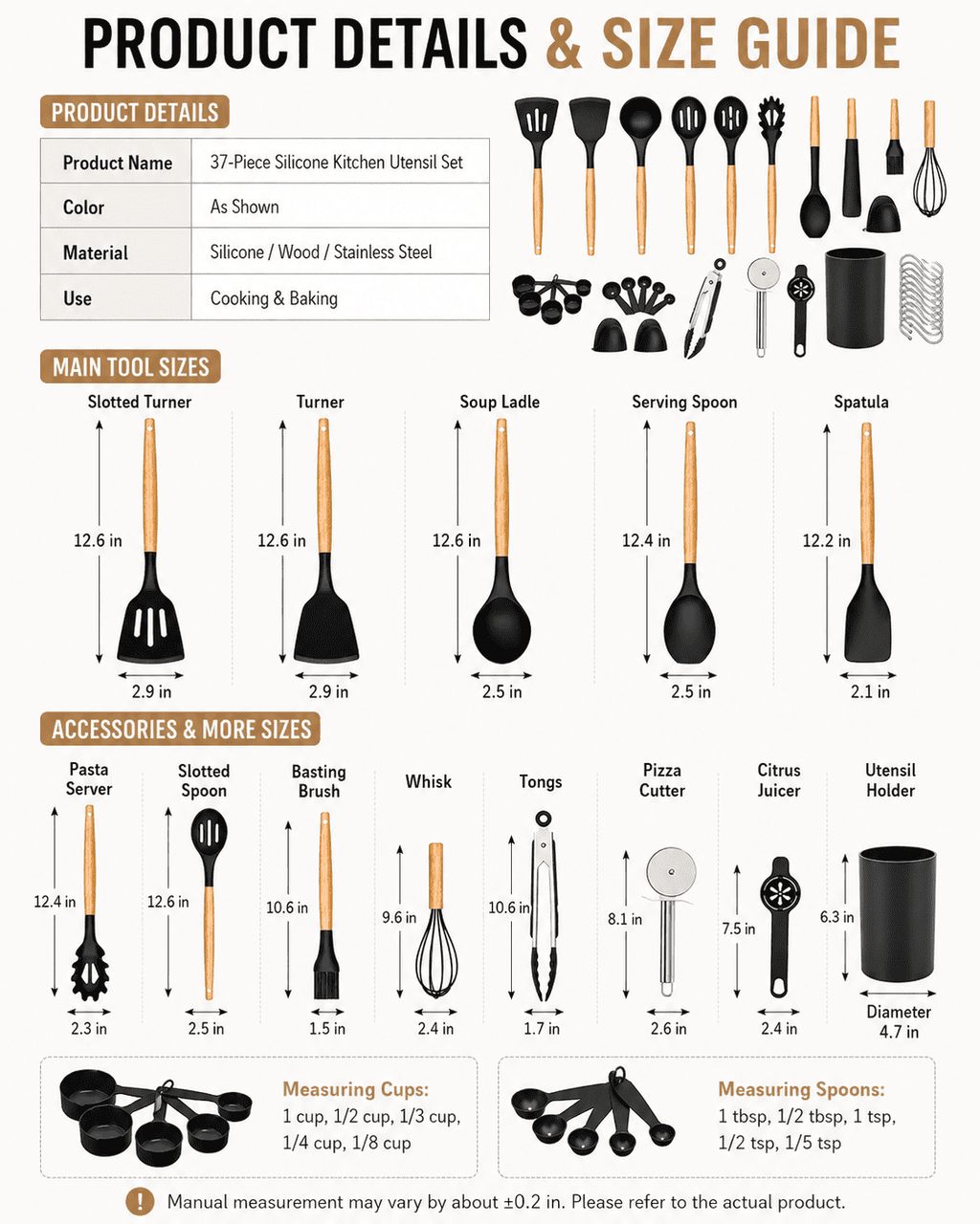 NULAS Kitchen Utensils Set, 37 pcs Non-Stick Silicone Cooking Kitchen Utensils Spatula Set with Holder,446℉ Heat Resistant,Wood Handle Kitchen Gadgets,Black