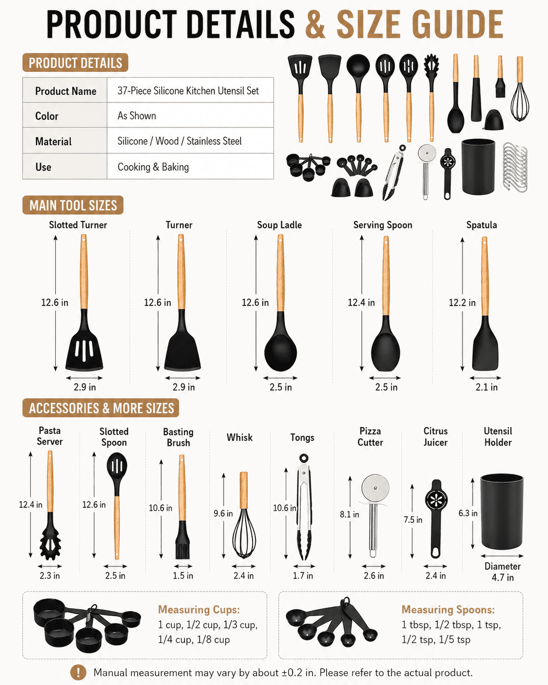 NULAS Kitchen Utensils Set, 37 pcs Non-Stick Silicone Cooking Kitchen Utensils Spatula Set with Holder,446℉ Heat Resistant,Wood Handle Kitchen Gadgets,Black