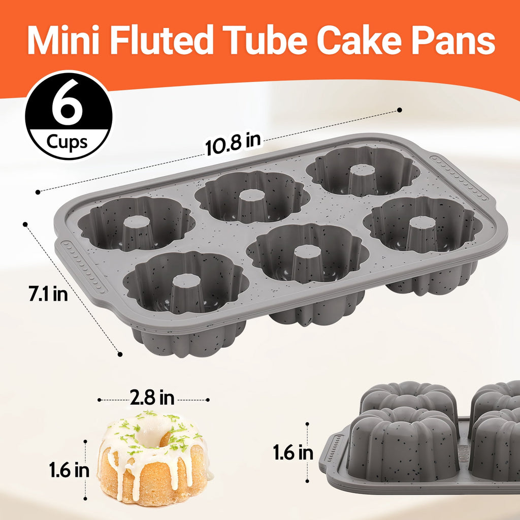 CAKETIME Silicone Mini Fluted Tube Cake Pans for Baking with Metal Reinforced Frame, 6-Cavity Mini Flan Molds-1Pcs