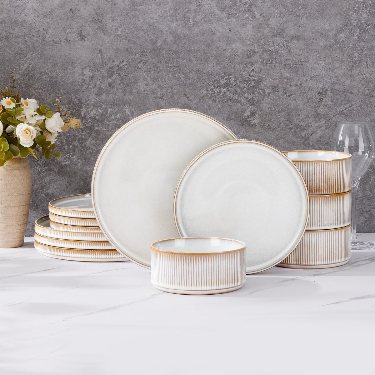 Vesteel 12 Pieces Dinnerware Set for 4, Premium Stoneware Ribbed Dishes, Chip & Scratch Resistant Plates and Bowls Set for Home Restaurant, Microwave and Dishwasher Safe - Speckled White