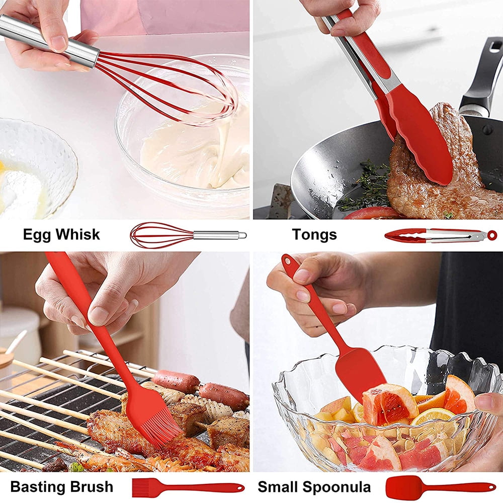 Walchoice 14 Pcs Cooking Utensils Set with Holder, Heat Resistant Silicone Kitchen Cookware Utensils Set, Kitchen Cooking Tools Includes Spatula Spoon Turner Whisk Tong, Dishwasher safe, Red