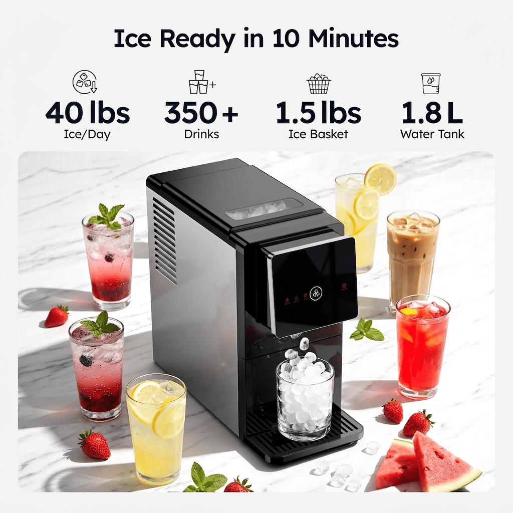 Simzlife Countertop Nugget Ice Maker, 40 Lbs/24H Chewable Sonic Pellet Ice, Self-Cleaning Ice Machine, 1.8L Tank