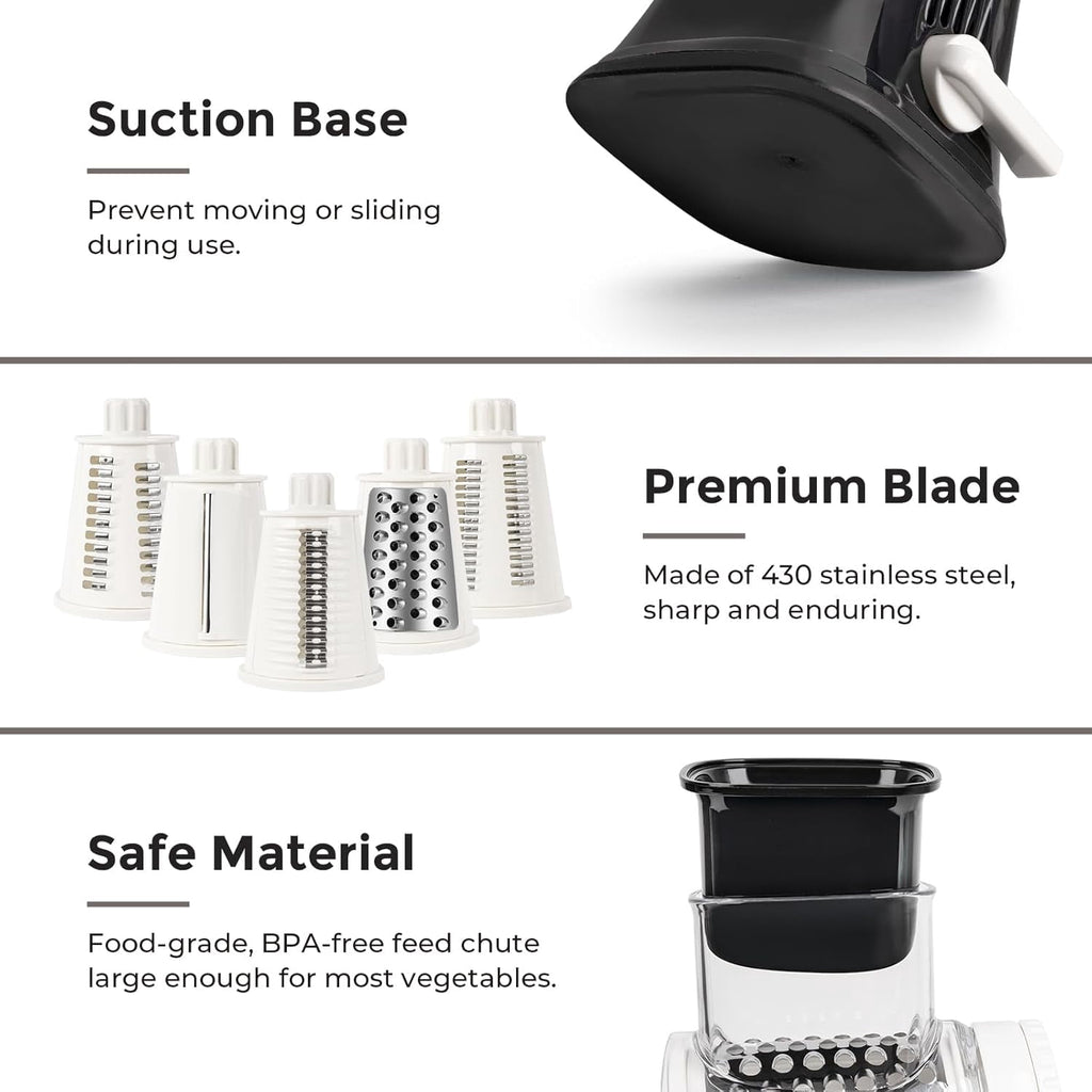 Premium Rotary Cheese Grater, Manual Cheese Grater for Kitchen, Handheld Vegetables Slicer Cheese Shredder with Rubber Suction Base, 3 Stainless Drum Blades Included,Blue