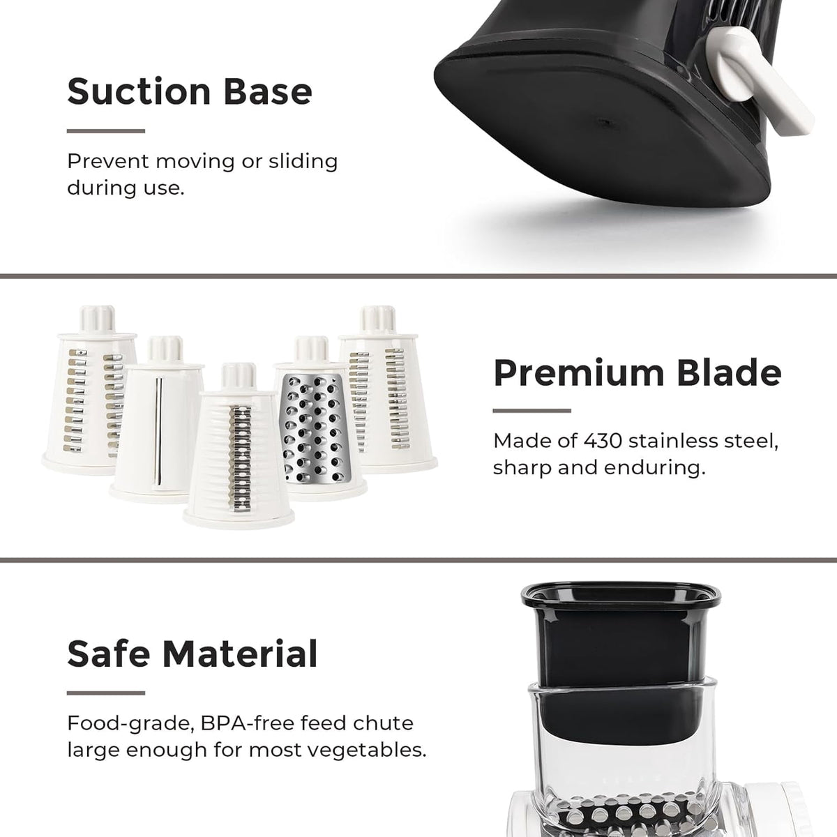 Premium Rotary Cheese Grater, Manual Cheese Grater for Kitchen, Handheld Vegetables Slicer Cheese Shredder with Rubber Suction Base, 3 Stainless Drum Blades Included,Blue