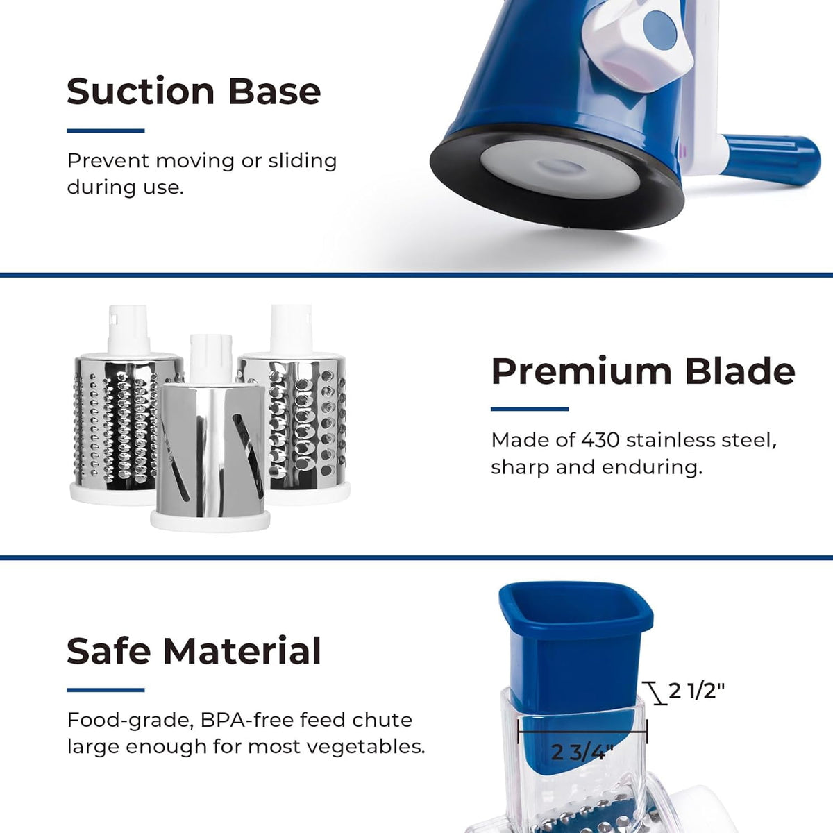 Premium Rotary Cheese Grater, Manual Cheese Grater for Kitchen, Handheld Vegetables Slicer Cheese Shredder with Rubber Suction Base, 3 Stainless Drum Blades Included,Blue
