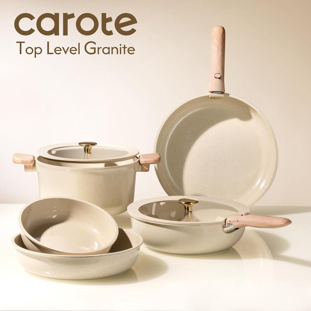 CAROTE 19-Piece Ceramic Pots and Pans Set, Nonstick Cookware Set with Lids, Induction Compatible, Oatmeal
