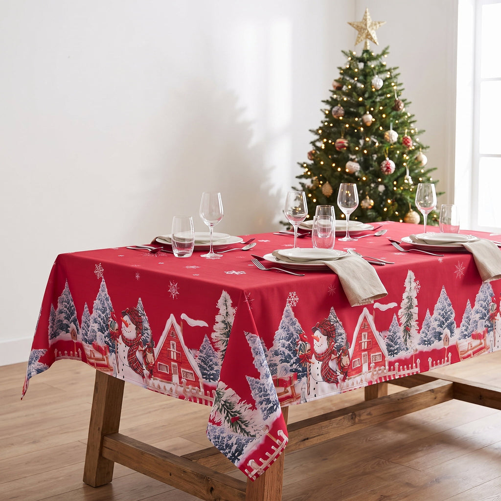 LUSHVIDA Christmas Tablecloth Rectangle, Winter Snowman House Christmas Trees Red Washable Table Cover for Party Picnic Dinner Decor, 60" x 84"