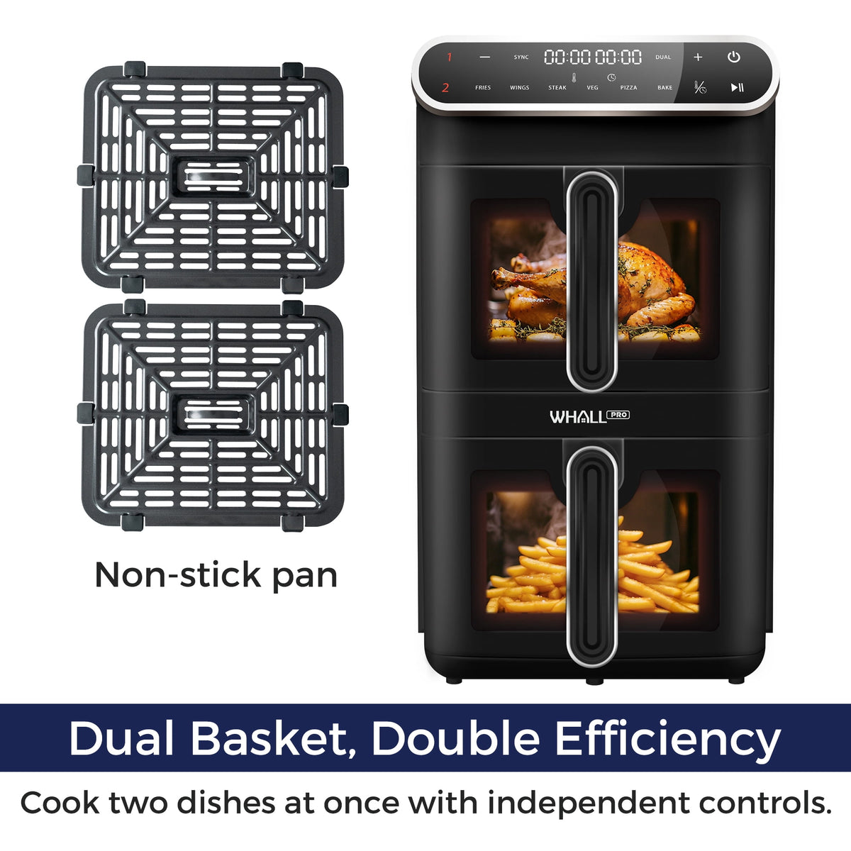 WHALLSE Dual Basket Digital Air Fryer Oven with View Windows, 2 Independent 5.5 Qt Baskets, 1650W, New