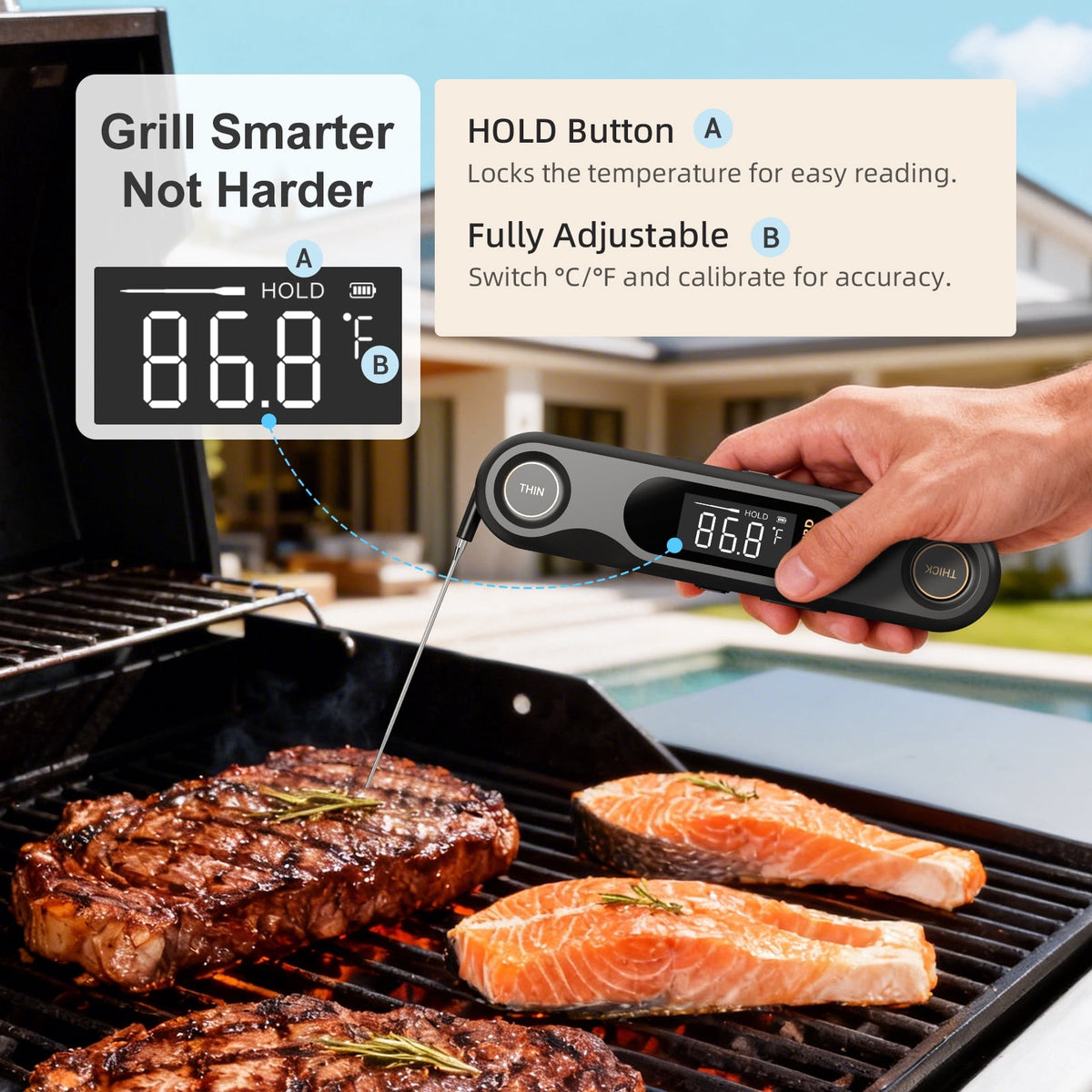 INKBIRD Meat Thermometer with Stainless Steel Probe and LCD Display, Foldable Probe Instant Read Waterproof Digital Food Thermometer , -58°F to 572°F