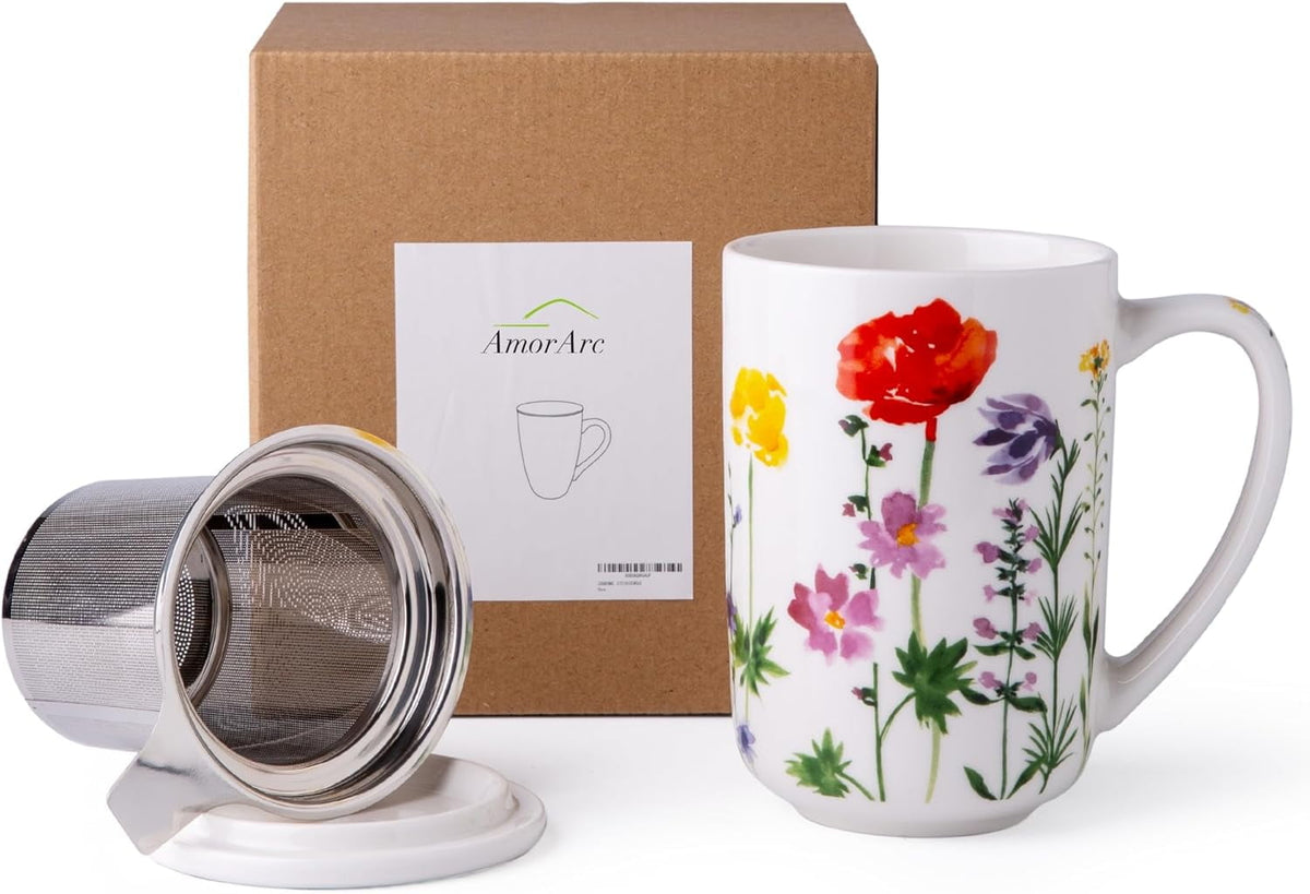 AmorArc Porcelain Tea Mug with Infuser and Lids, 18 Oz Cup Strainer Bag Holder for Loose Leaf Tea, Steeping Coffee Well-wrapped Box House-warming Wedding Birthday Gift, YelloRed