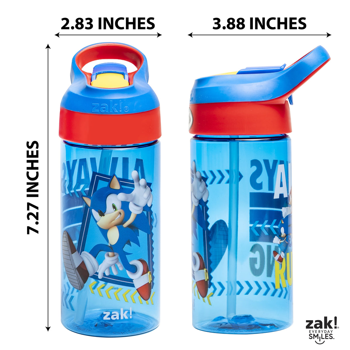 Zak Designs 17.5oz Sonic the Hedgehog Kids Water Bottle with Spout Cover and Built-in Carrying Loop, Made of Durable Plastic, Leak-Proof Design for Travel (17.5 oz, Pack of 2)