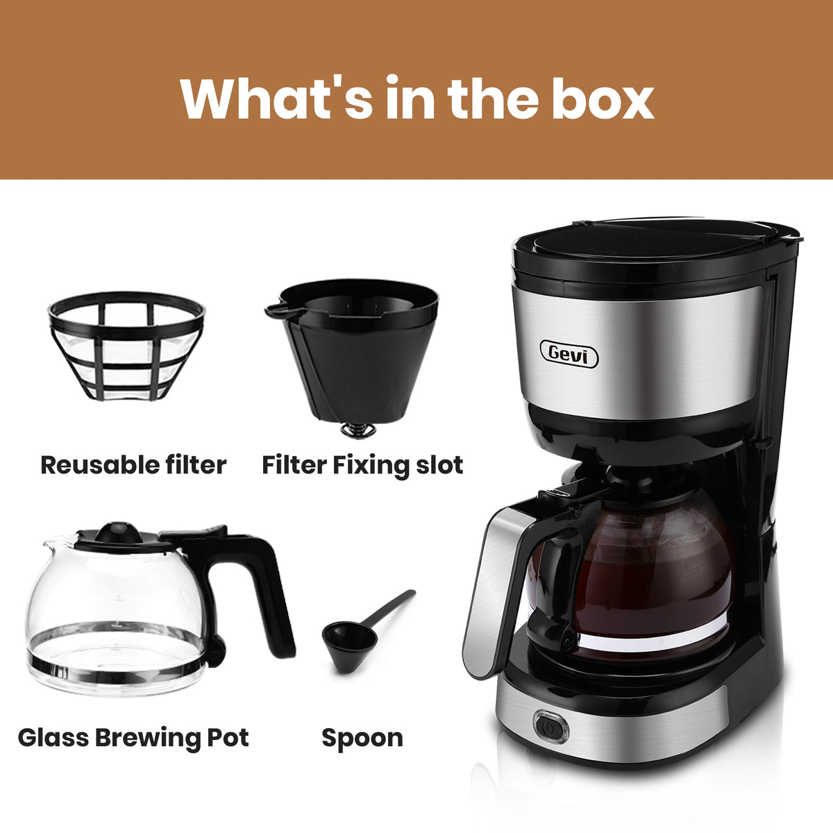 Gevi 4-Cup Compact Drip Coffee Maker with Reusable Filter & Warming Plate, Black
