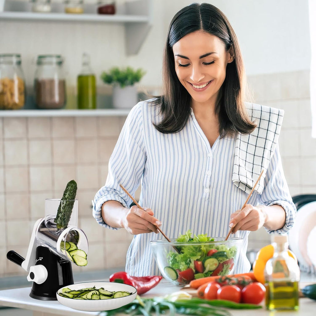 Premium Rotary Cheese Grater, Manual Cheese Grater for Kitchen, Handheld Vegetables Slicer Cheese Shredder with Rubber Suction Base, 3 Stainless Drum Blades Included,Blue