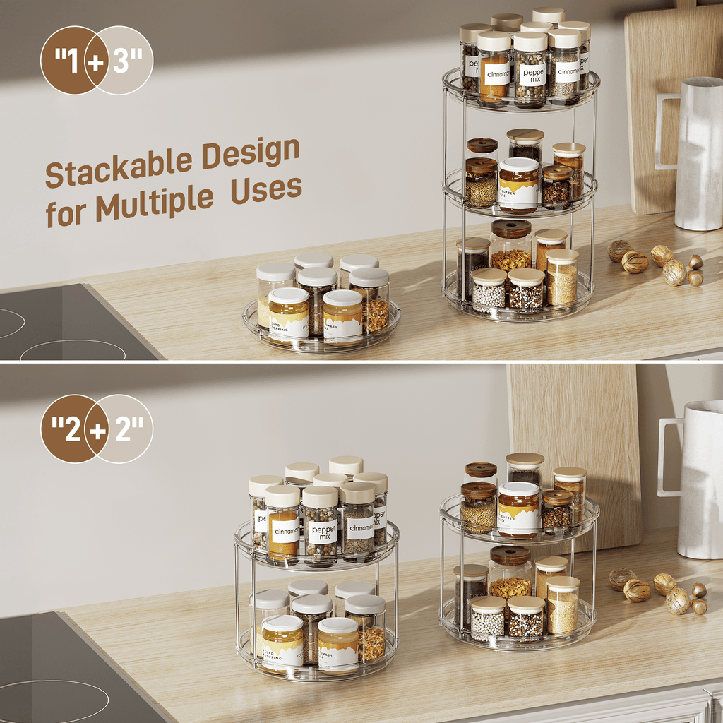 ROSSNY 2 Pack 9.25" 2-Tier Lazy Susan Turntable Organizer Countertop Kitchen Organization and Storage Spice Rack Bathroom Vanity Holder, Clear