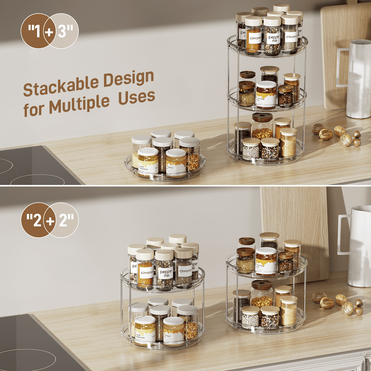 ROSSNY 2 Pack 9.25" 2-Tier Lazy Susan Turntable Organizer Countertop Kitchen Organization and Storage Spice Rack Bathroom Vanity Holder, Clear