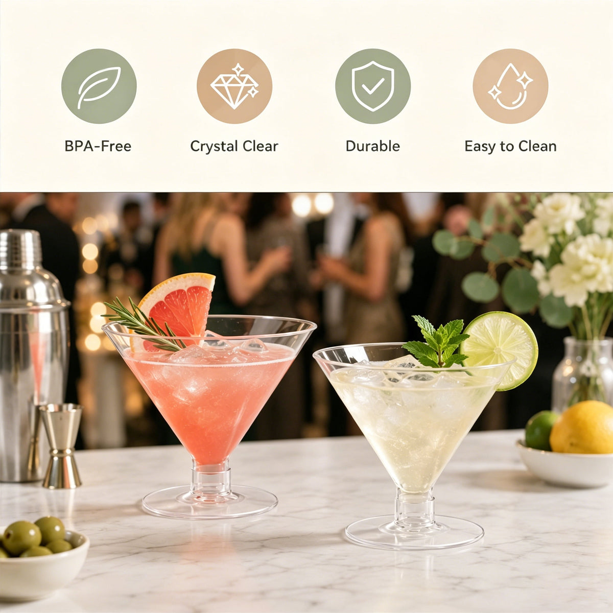 TINANA Disposable Martini Glasses, 24 Count 5oz Clear Plastic Cocktail Cups for Dessert, Wine, Drinks, BPA-Free