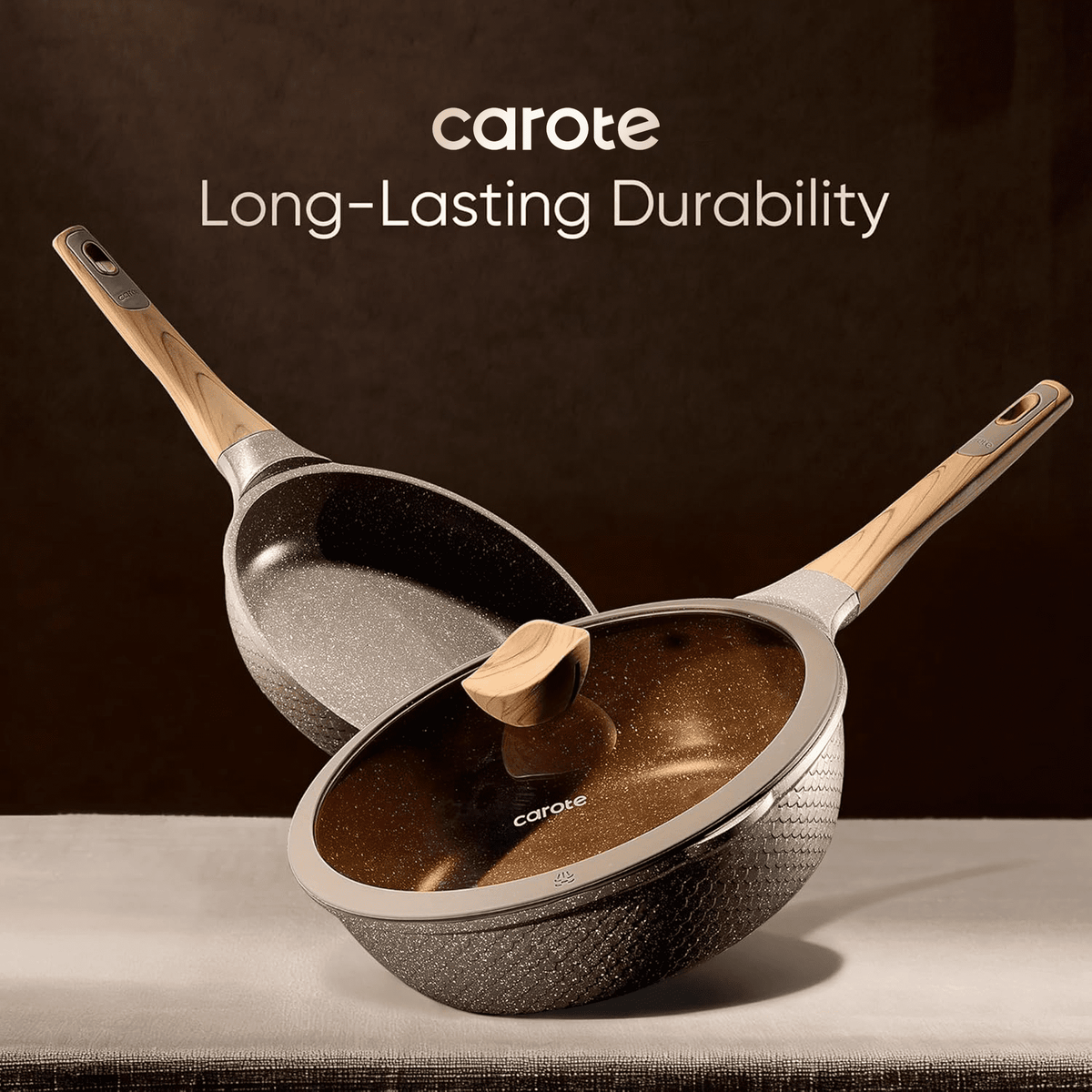 Carote 18-Piece Nonstick Pots and Pans, Granite Cookware Set with Kitchen Utensils, Brown