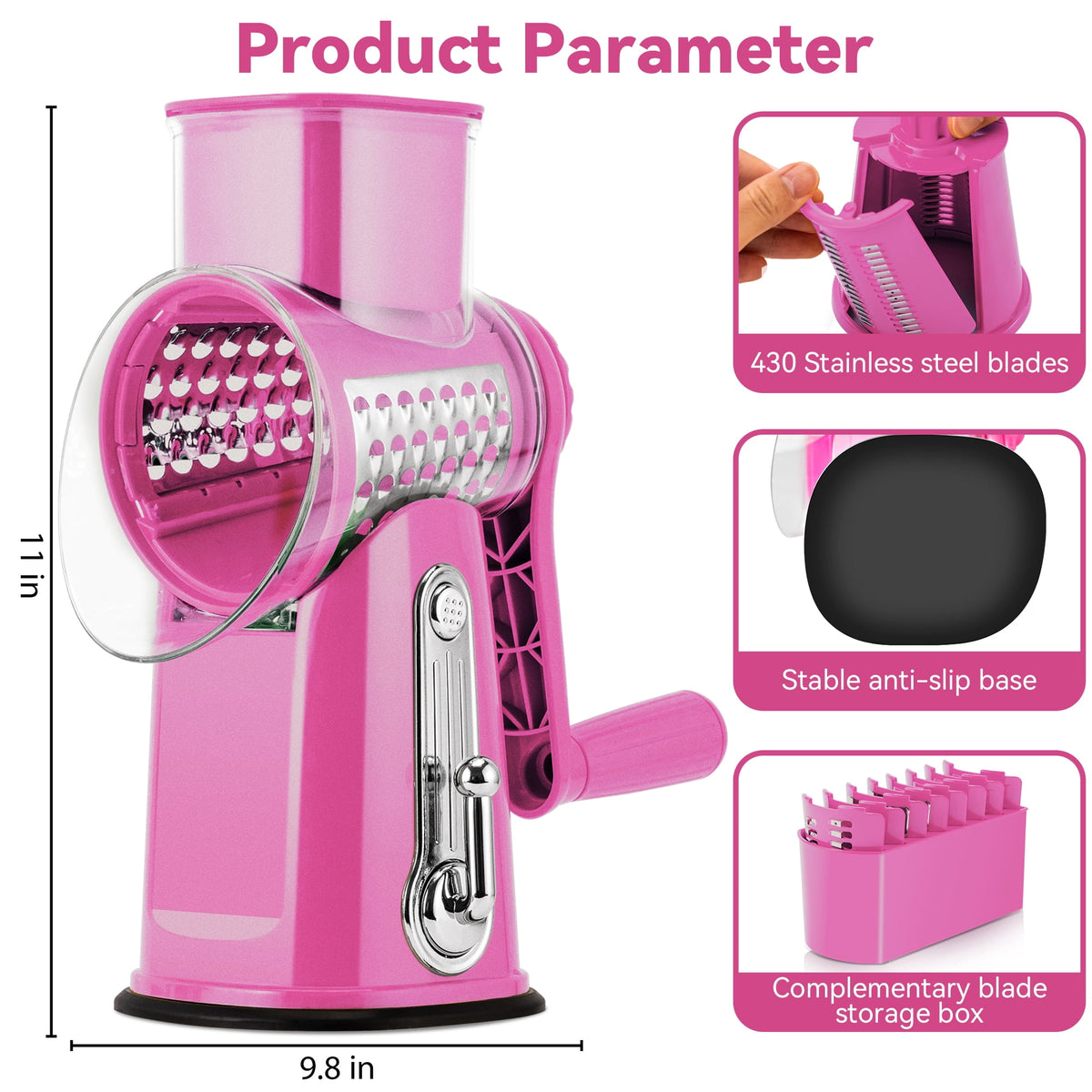 Pukomc Rotary Cheese Grater with Handle- 5 Blades, Suction Base, Mandoline Slicer & Veg Shredder with Blade Storage Box(Green)