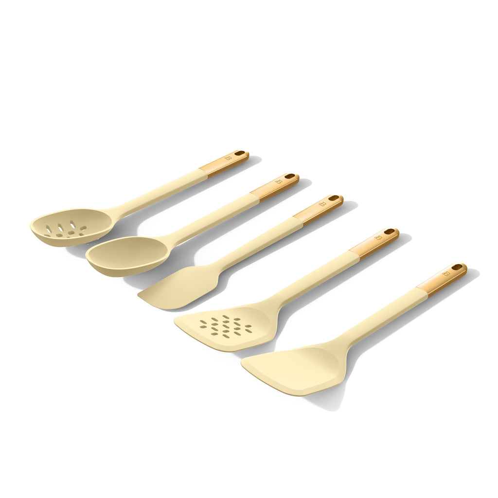Beautiful 6-Piece Silicone Kitchen Tool Set with Ceramic Crock, Chocolate by Drew Barrymore