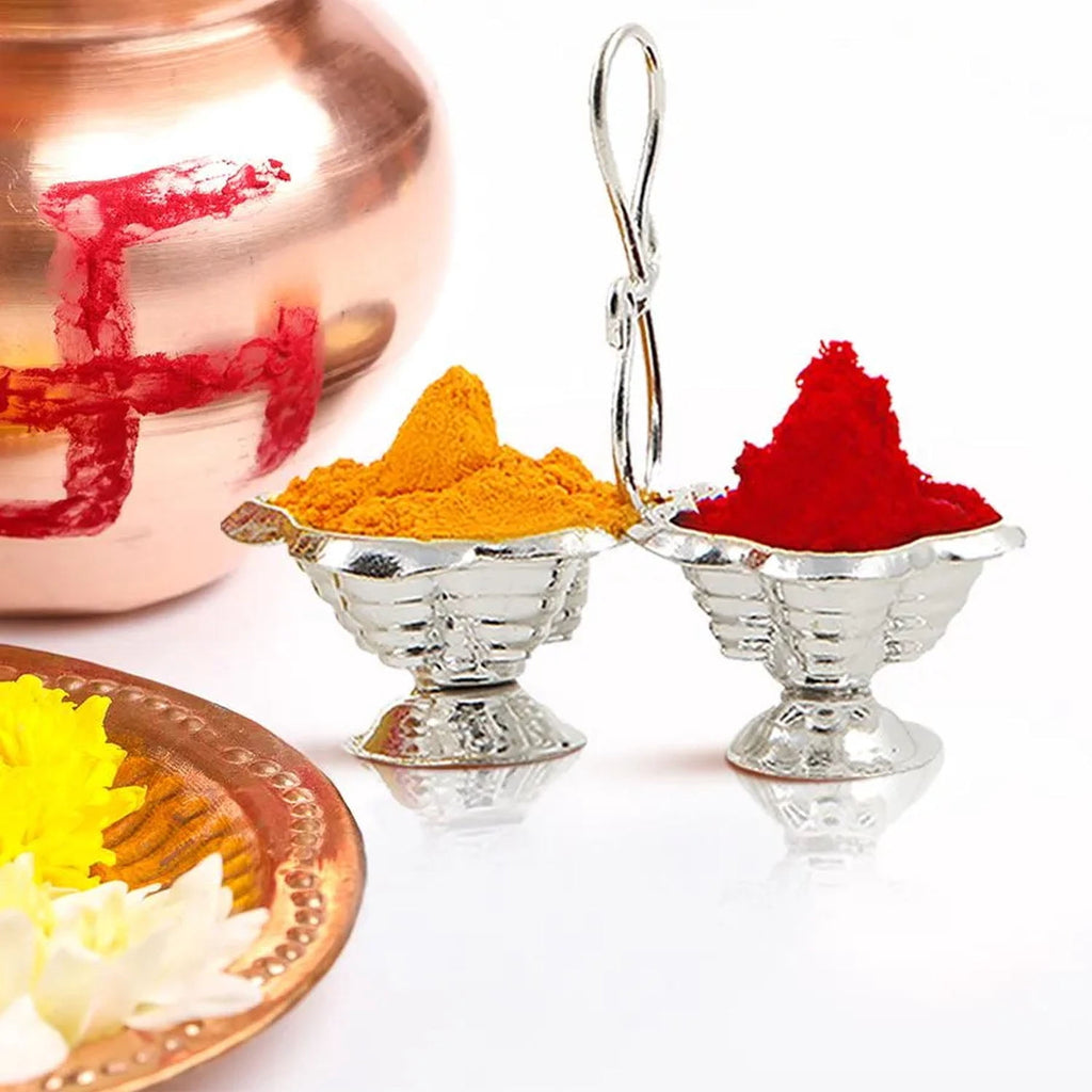 Shubhkart Pack of 3 Silver Plated Haldi Kumkum Holder Stand Set for Puja, Home, Office Décor, Diwali Gift, Festive Gift