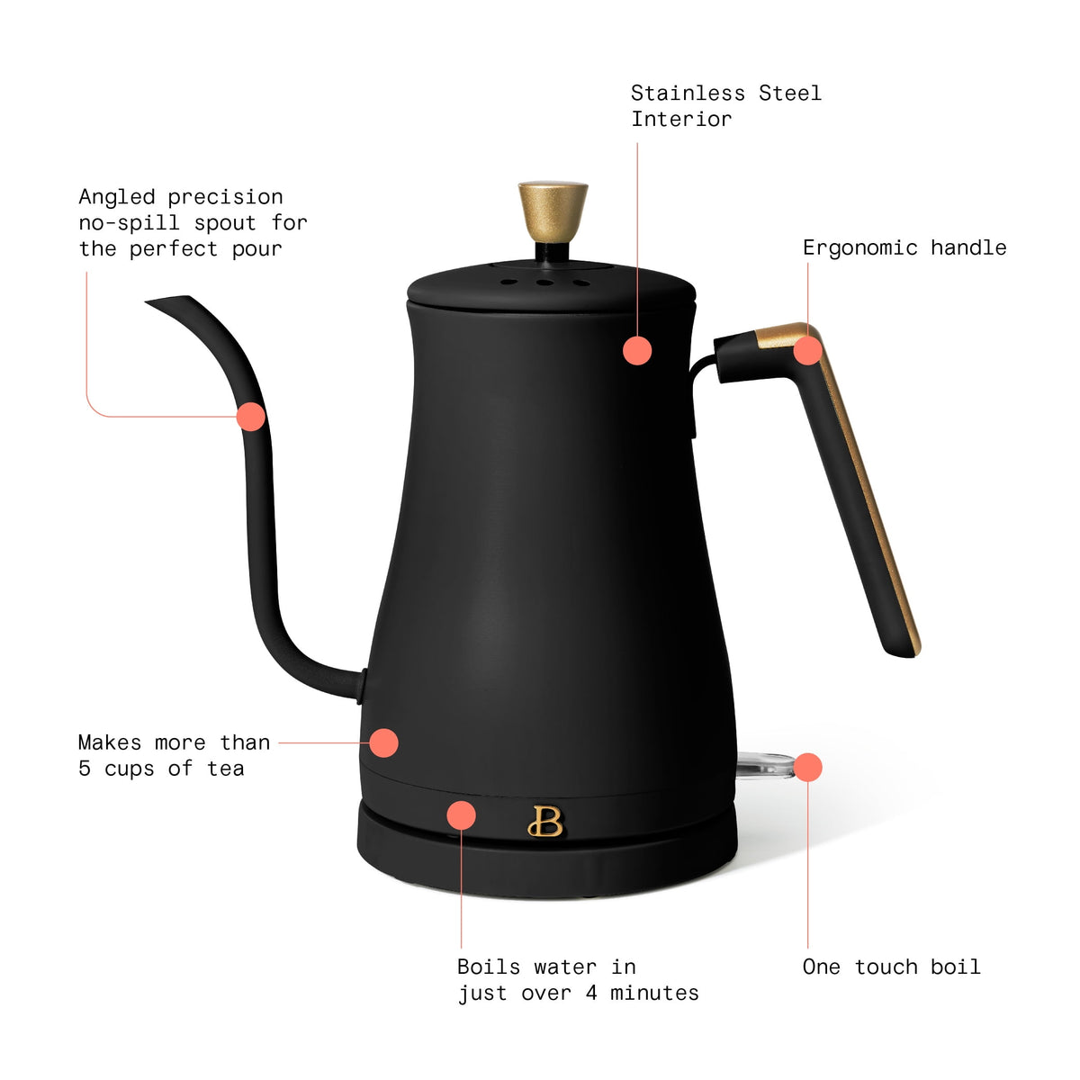 Beautiful 1-Liter Electric Gooseneck Kettle 1200 W, Chocolate by Drew Barrymore