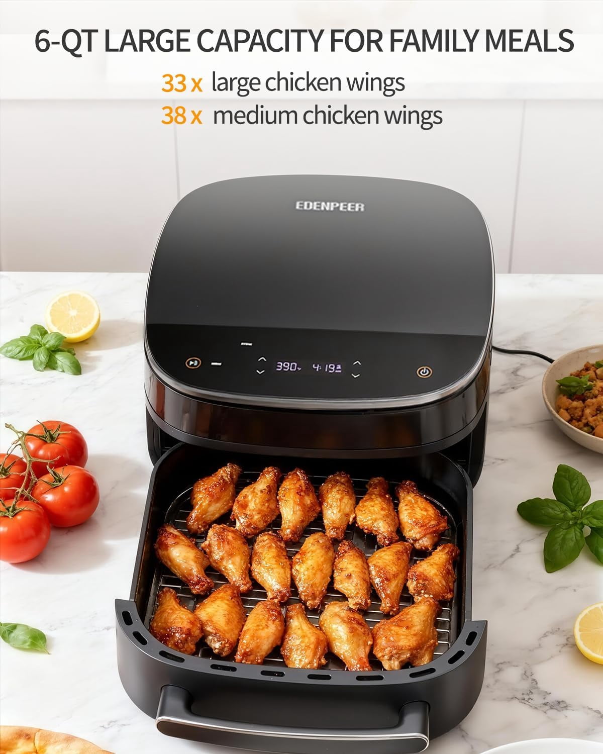 EDENPEER 11-in-1 Extra Large 6 QT Air Fryer Fits 12" Pizza or Steaks, 450°F Dual Heat Source Technology with Superior Airflow, Smart Digital Fryer with Cooking Basket, Whisper-Quiet