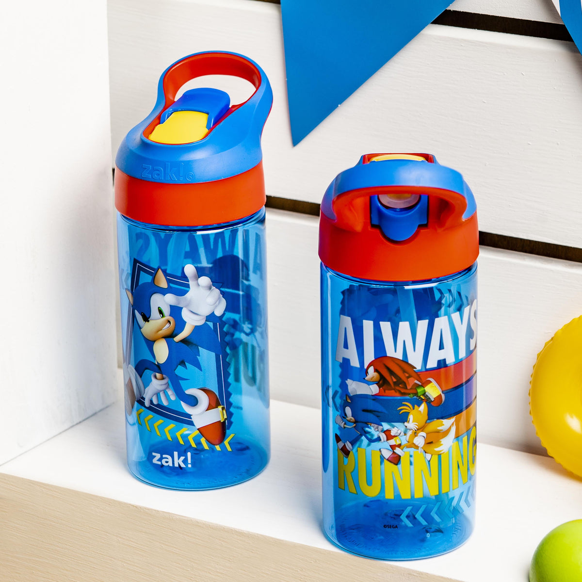 Zak Designs 17.5oz Sonic the Hedgehog Kids Water Bottle with Spout Cover and Built-in Carrying Loop, Made of Durable Plastic, Leak-Proof Design for Travel (17.5 oz, Pack of 2)