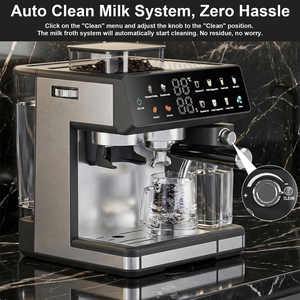 Bluebow 20-Bar Espresso Machine with Grinder and Milk Frother, All-in-One Automatic Coffee Maker for Latte Cappuccino, Home&Office