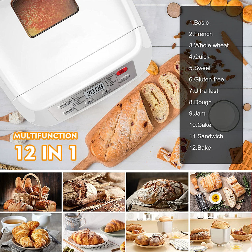 Kitchen in the Box 2lb Bread Maker with Auto Fruit Nut Dispenser, 12-in-1 Gluten-Free Bread Machine, 13H Delay Timer, Nonstick Pan, Keep Warm, White