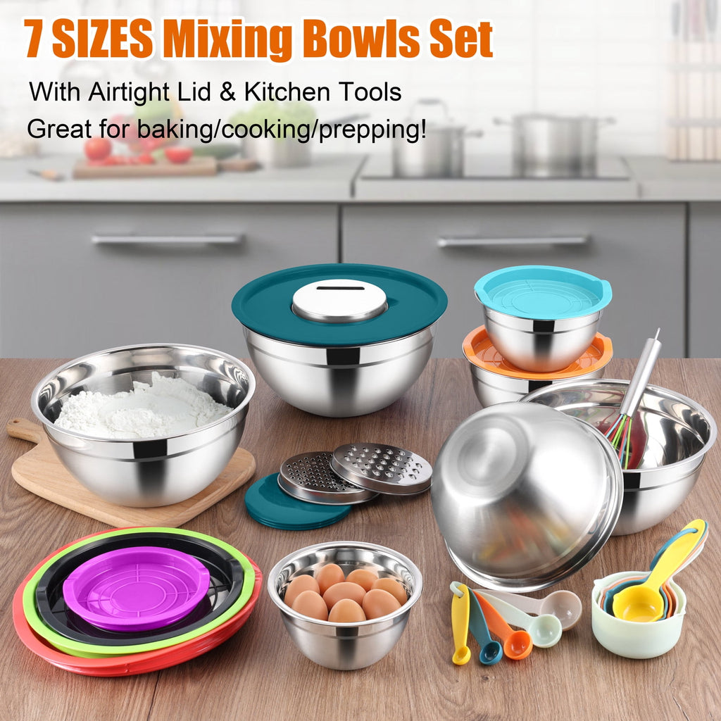 Mixing Bowls with Lids Set of 5, Vesteel Stainless Steel Mixing Bowls Metal Nesting Salad Bowls, Size 4.5, 3, 1.5, 1, 0.7 QT Great for Cooking, Baking, Serving - Multi-Color