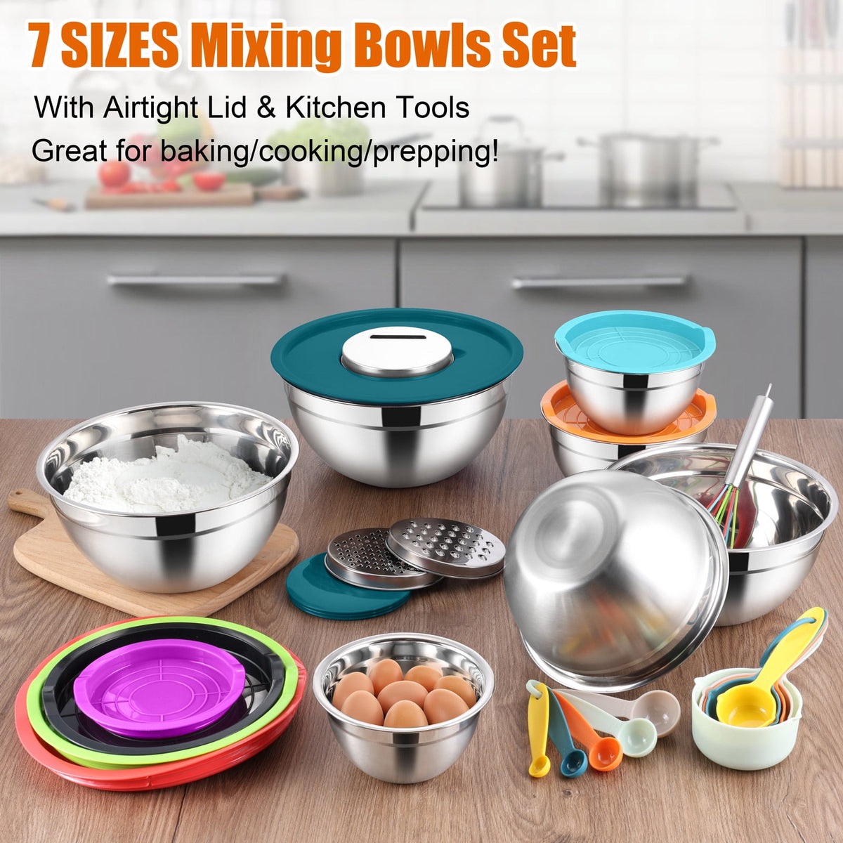 Mixing Bowls with Lids Set of 5, Vesteel Stainless Steel Mixing Bowls Metal Nesting Salad Bowls, Size 4.5, 3, 1.5, 1, 0.7 QT Great for Cooking, Baking, Serving - Multi-Color