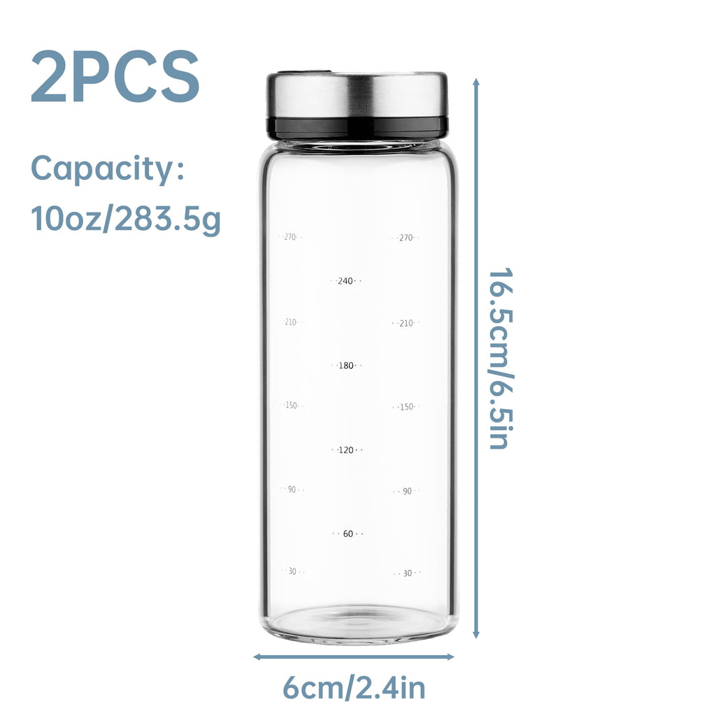 NiHome 2-Pack 10oz Spice Shakers with Adjustable Stainless-Steel Lids for Parmesan Cheese, Chili Flakes, Herbs, Salt, Pepper, Borosilicate Glass Seasoning Dispensers, Easy Refill and Dishwasher Safe