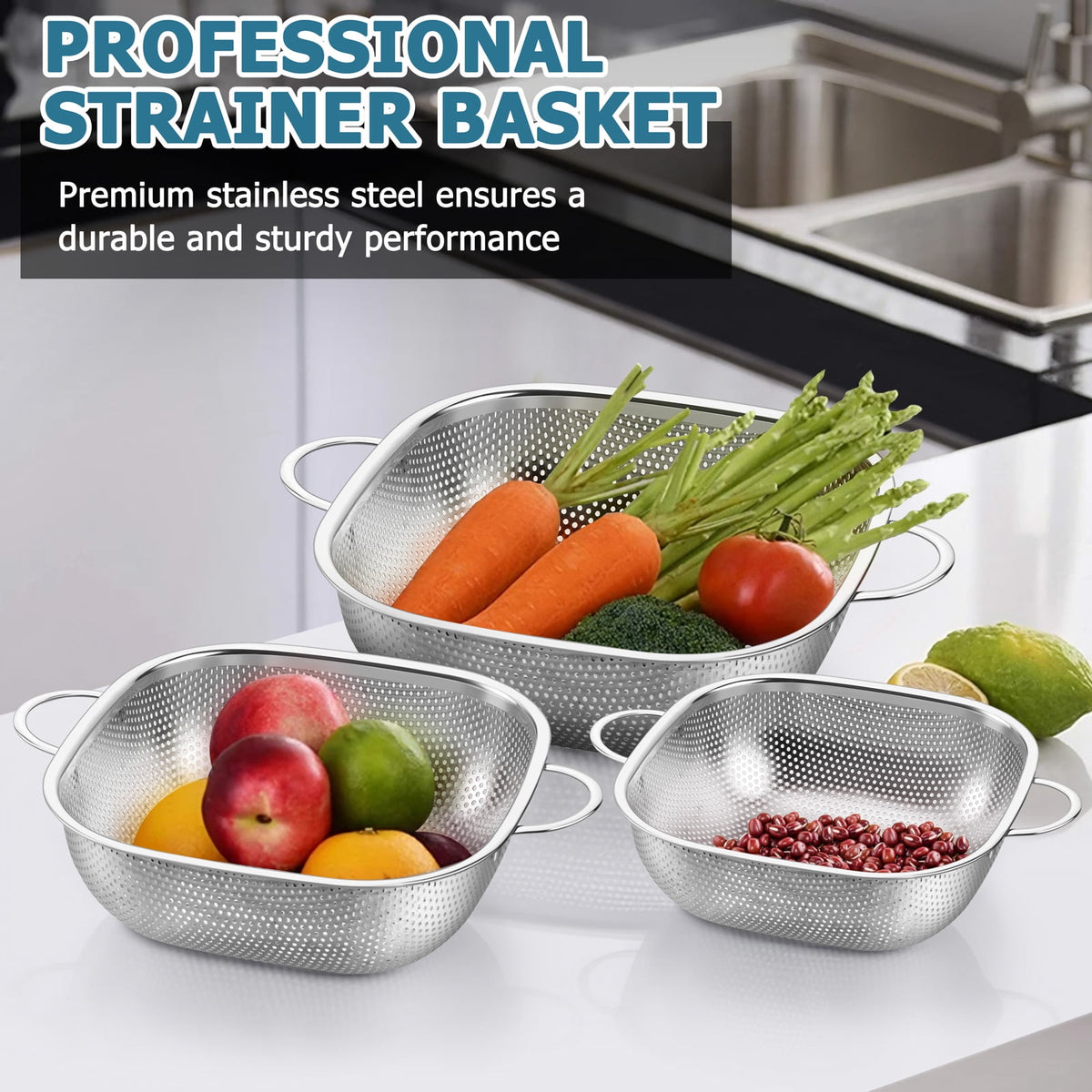 VeSteel Colander Set of 3, Stainless Steel Micro-Perforated Colanders Strainers for Draining Rinsing Washing, Ideal for Pasta Vegetables Fruits, Heavy Duty & Dishwasher Safe - 1/3/5 Quart