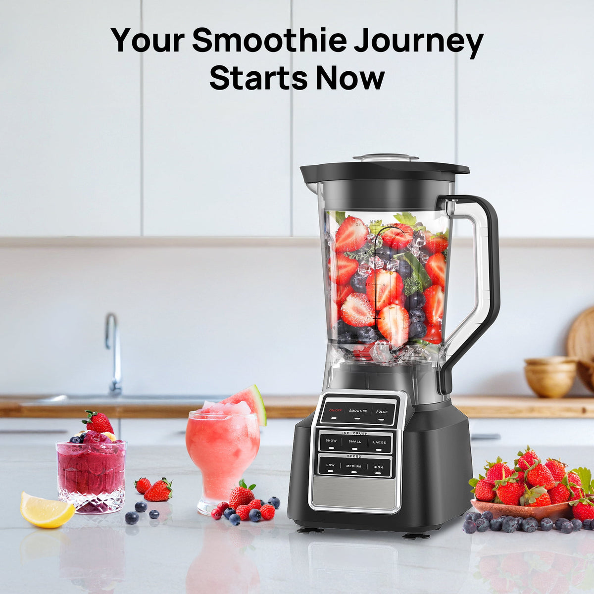 Smoothie Blender for Shakes and Smoothies, 1500W Peak Power Countertop Blender, 64OZ BPA-Free Jar, Crush Ice & Frozen Fruit Without Water, 8 Smart Programs, Includes Recipe Book, Black