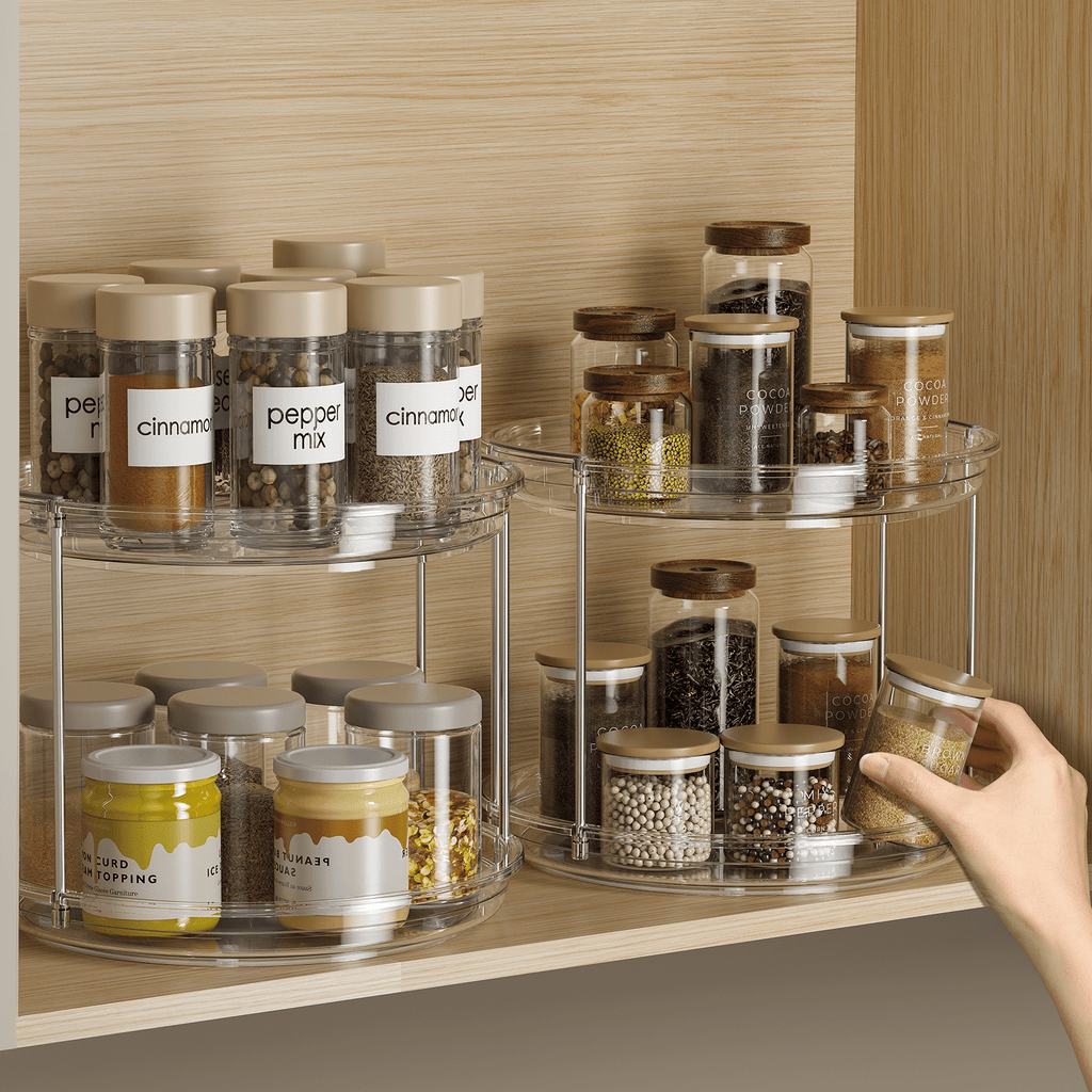 ROSSNY 2 Pack 9.25" 2-Tier Lazy Susan Turntable Organizer Countertop Kitchen Organization and Storage Spice Rack Bathroom Vanity Holder, Clear