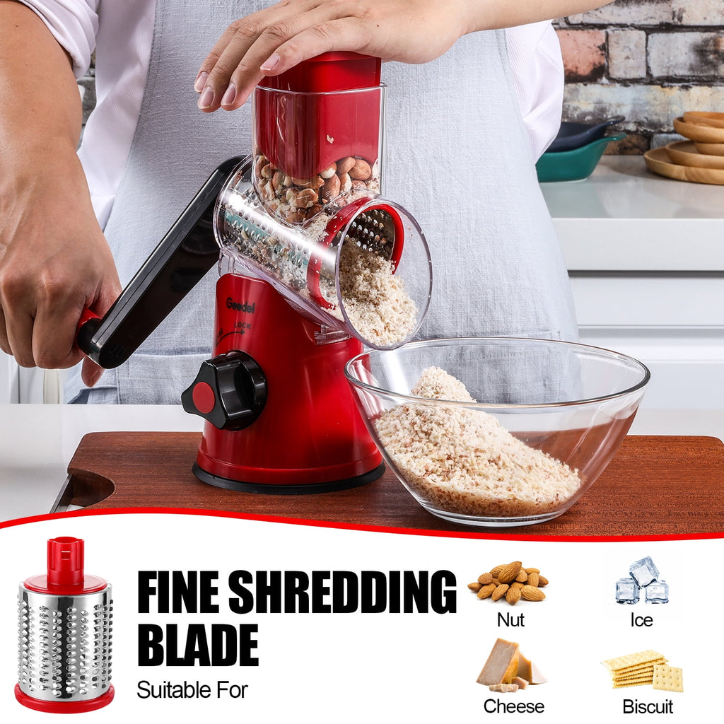 Geedel Rotary Cheese Grater, Kitchen Grater with Strong Suction Base, Dishwasher Safe, Easy to Clean Grater for Cheese,Vegetable, Nuts (3 Blades)