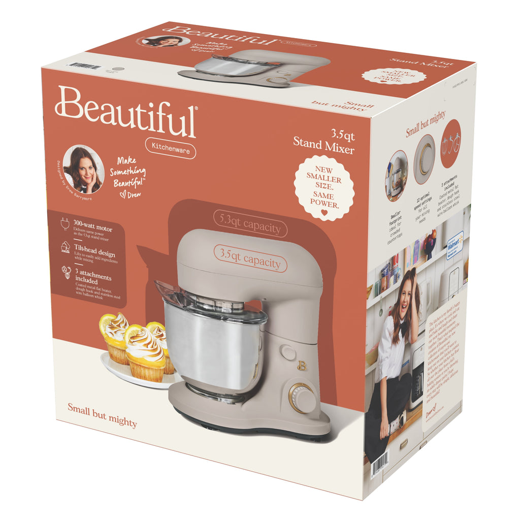 Beautiful 3.5 Qt Stand Mixer with Flat Beater, Dough Hook, Balloon Whisk, Chocolate by Drew Barrymore