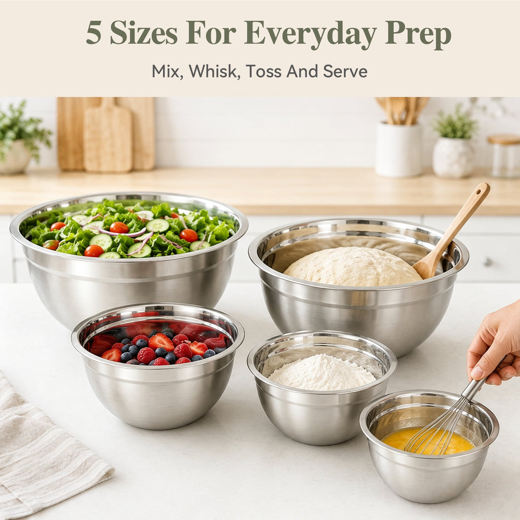 TINANA Stainless Steel Mixing Bowls with Lids, 5 Pack Nesting Kitchen Bowls, Multi Color Lids, Metal Food Storage Bowls, 0.75-4.5 Qt