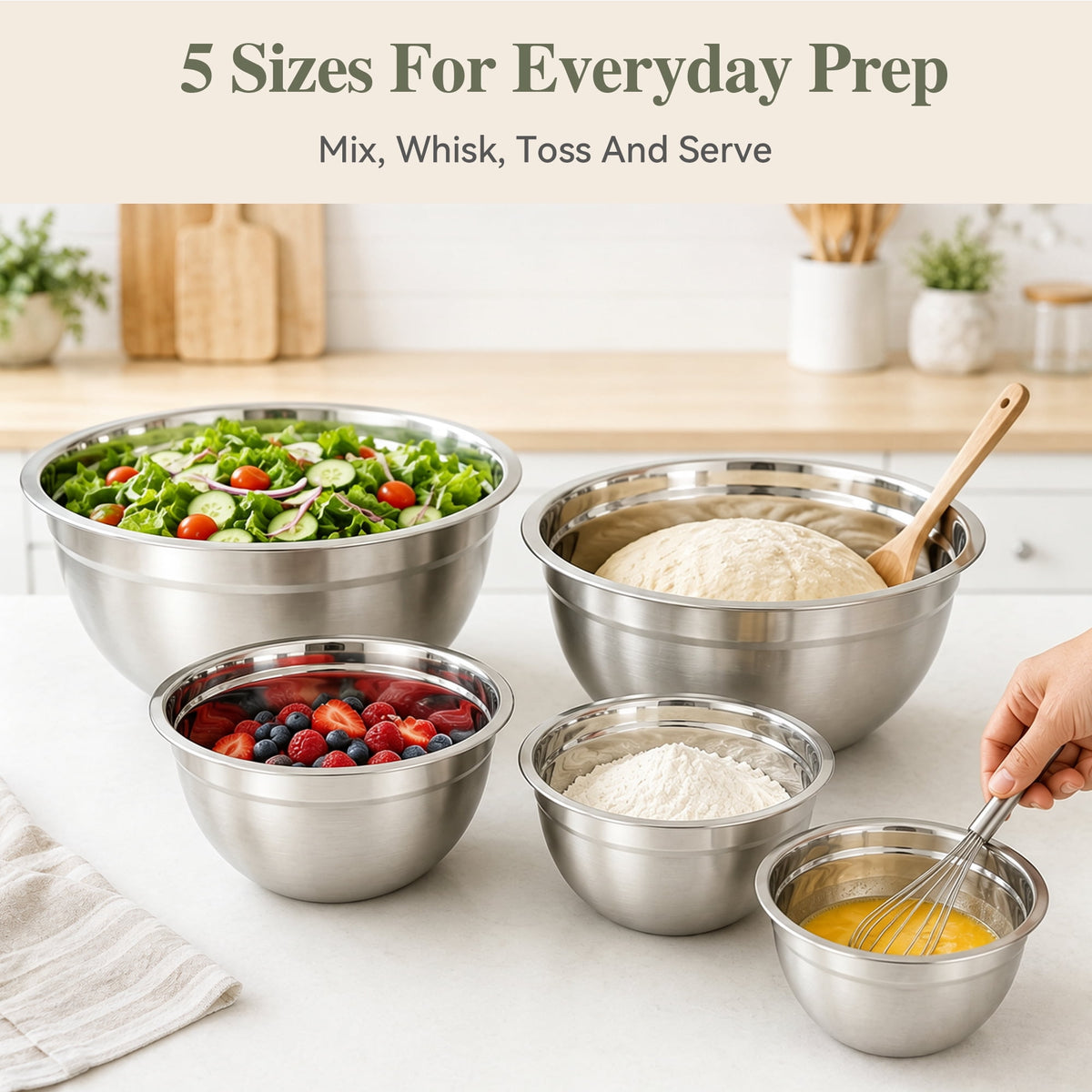 TINANA Stainless Steel Mixing Bowls with Lids, 5 Pack Nesting Kitchen Bowls, Multi Color Lids, Metal Food Storage Bowls, 0.75-4.5 Qt