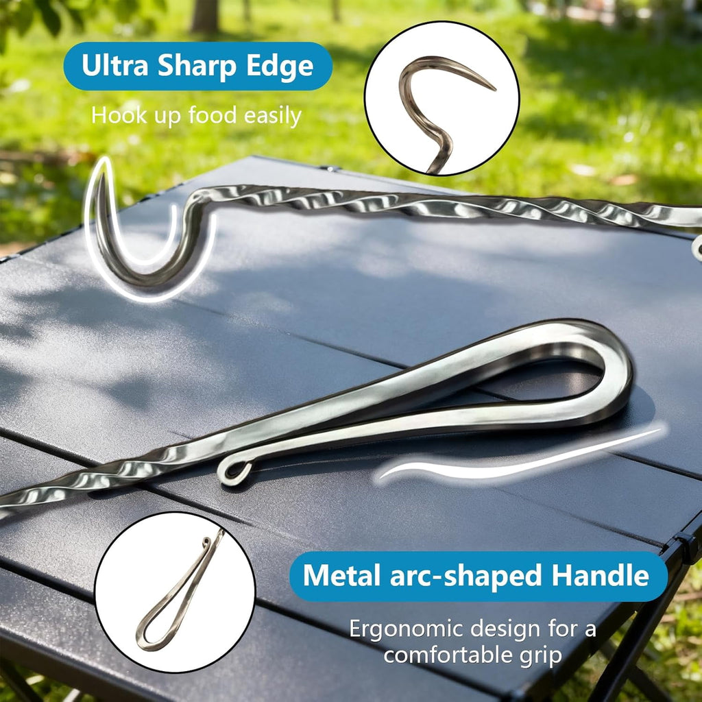 Meat Flipper, Grill Hooks for Turning, Heavy Duty Stainless Steel BBQ Turner Hooks with Long Handle for Flipping Ribs, Pork Shoulder, Roast on Smoker Grilling (Right Hand A)