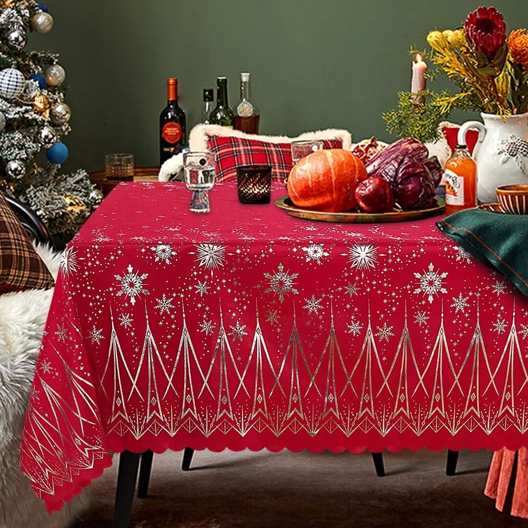 LUSHVIDA Christmas Tablecloths - Rectangle Foil Snowflake and Tree Table Cover Table Cloth Water Resistant Washshable Stain Resistant Decorative Tablecloth for Dining Festival - 60x84 inch 1 Pc