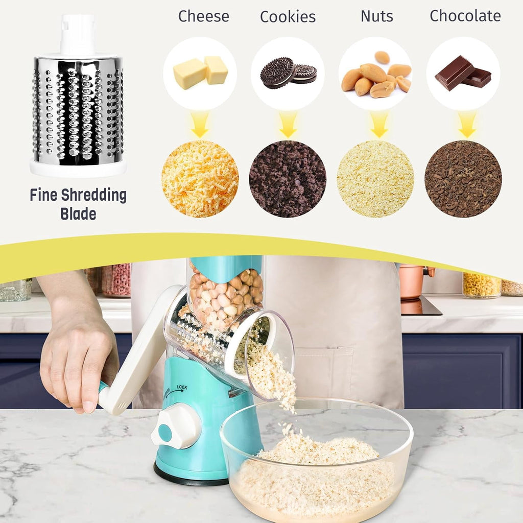 Premium Rotary Cheese Grater, Manual Cheese Grater for Kitchen, Handheld Vegetables Slicer Cheese Shredder with Rubber Suction Base, 3 Stainless Drum Blades Included,Blue