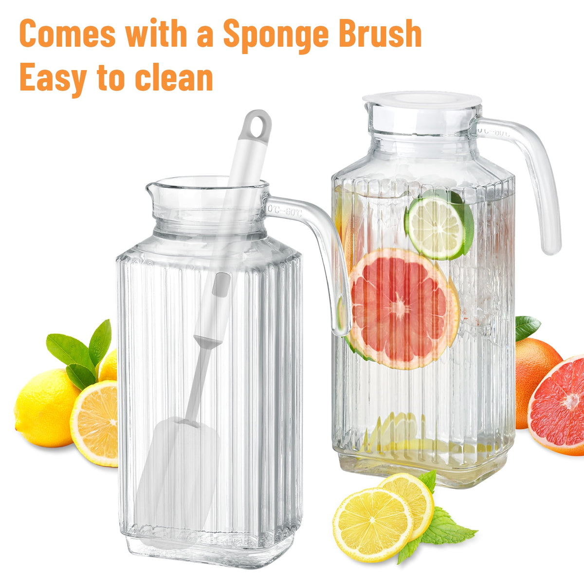 NiHome Glass Pitchers with Lids, 57oz Glass Water Fridge Pitcher for Drinks, Glass Water Jug with Lid & Brush, Beverage Serveware & Storage Container for Lemonade, Iced Tea, Milk, Coffee(2PCS Clear)