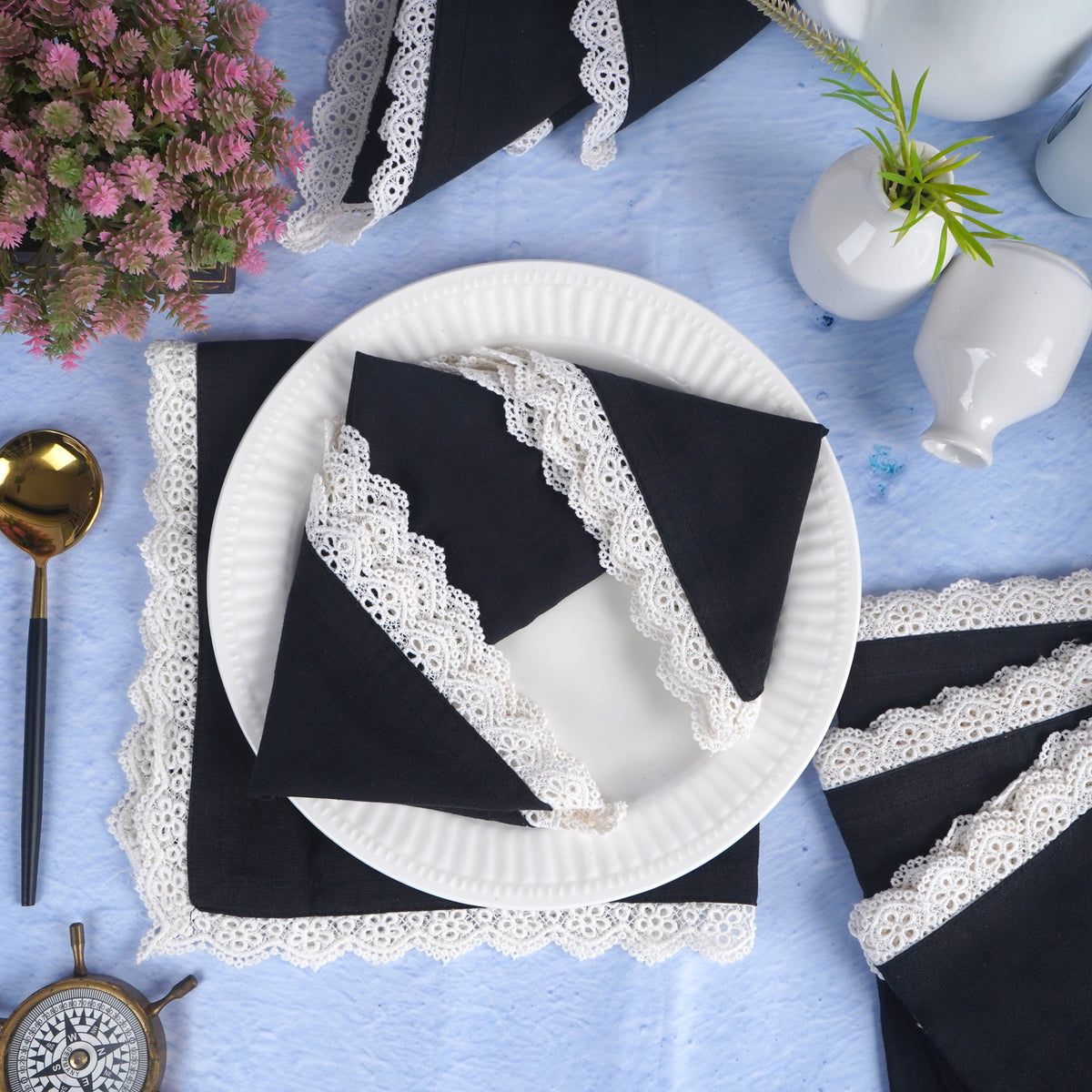 Fingercraft Cloth Napkin, Soft Quality Cotton Linen Blend Fabric, Dinner Napkins with Premium White Lace, 6 Pack, 20”x20” Aqua