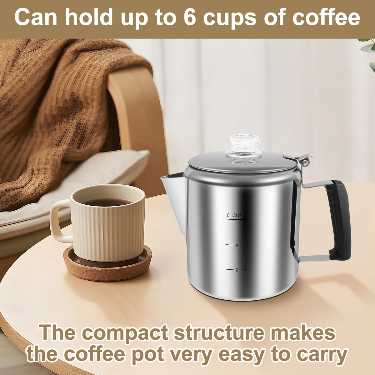 Jetcloudlive Stainless Steel Coffee Percolator 6-Cup Camping Coffee Pot with Glass Knob Portable Percolator Coffee Pot for Campfire or Stove Top Coffee Making